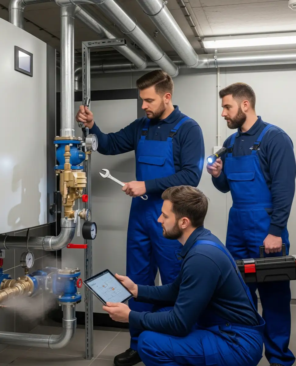 Emergency Heating Engineer Working at Boiler Room