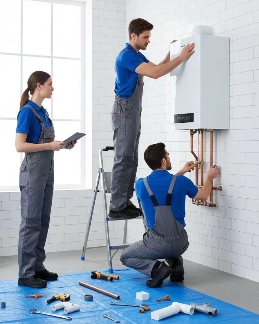 Plumbers installing boiler
